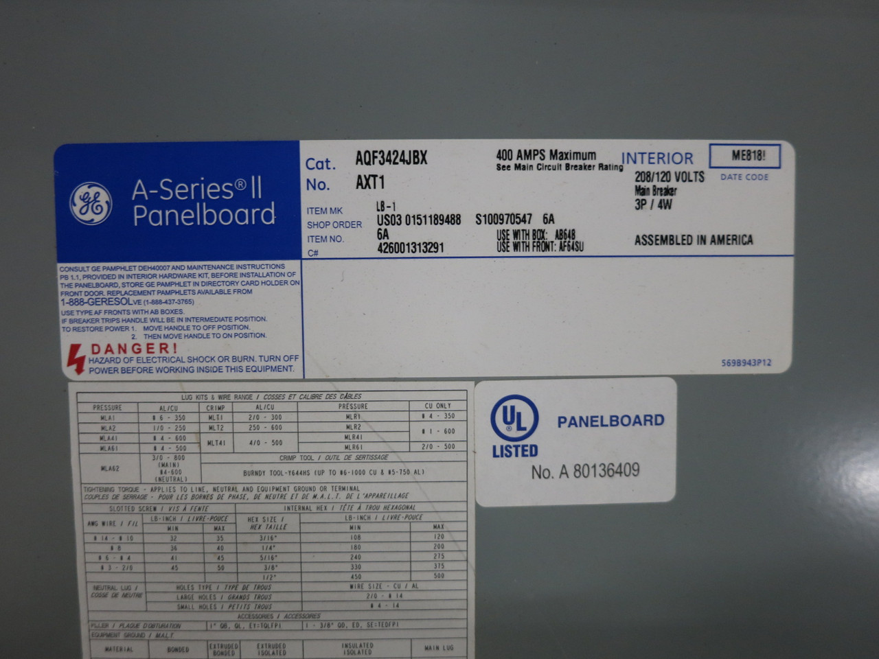 GE AQF3424JBX 300A Main Breaker Panel Board 208Y/120 A Series II
